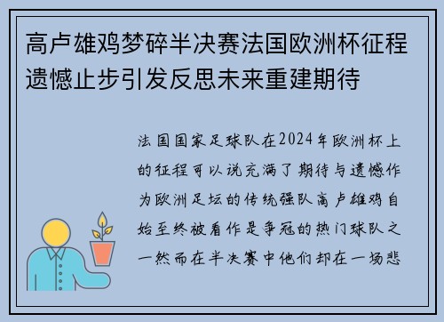 高卢雄鸡梦碎半决赛法国欧洲杯征程遗憾止步引发反思未来重建期待